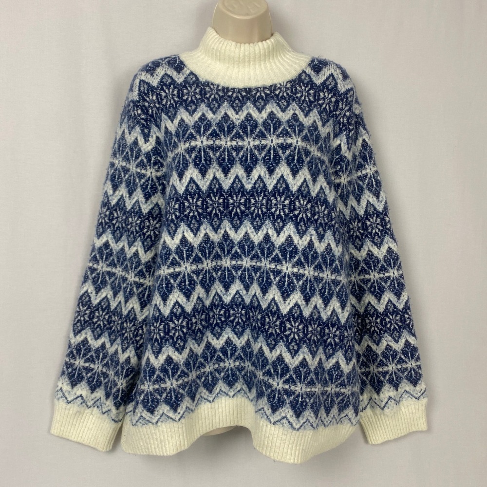 Talbots Fair Isle Sweater XL Blue White Wool Blend Chunky Knit Cabincore Cozy